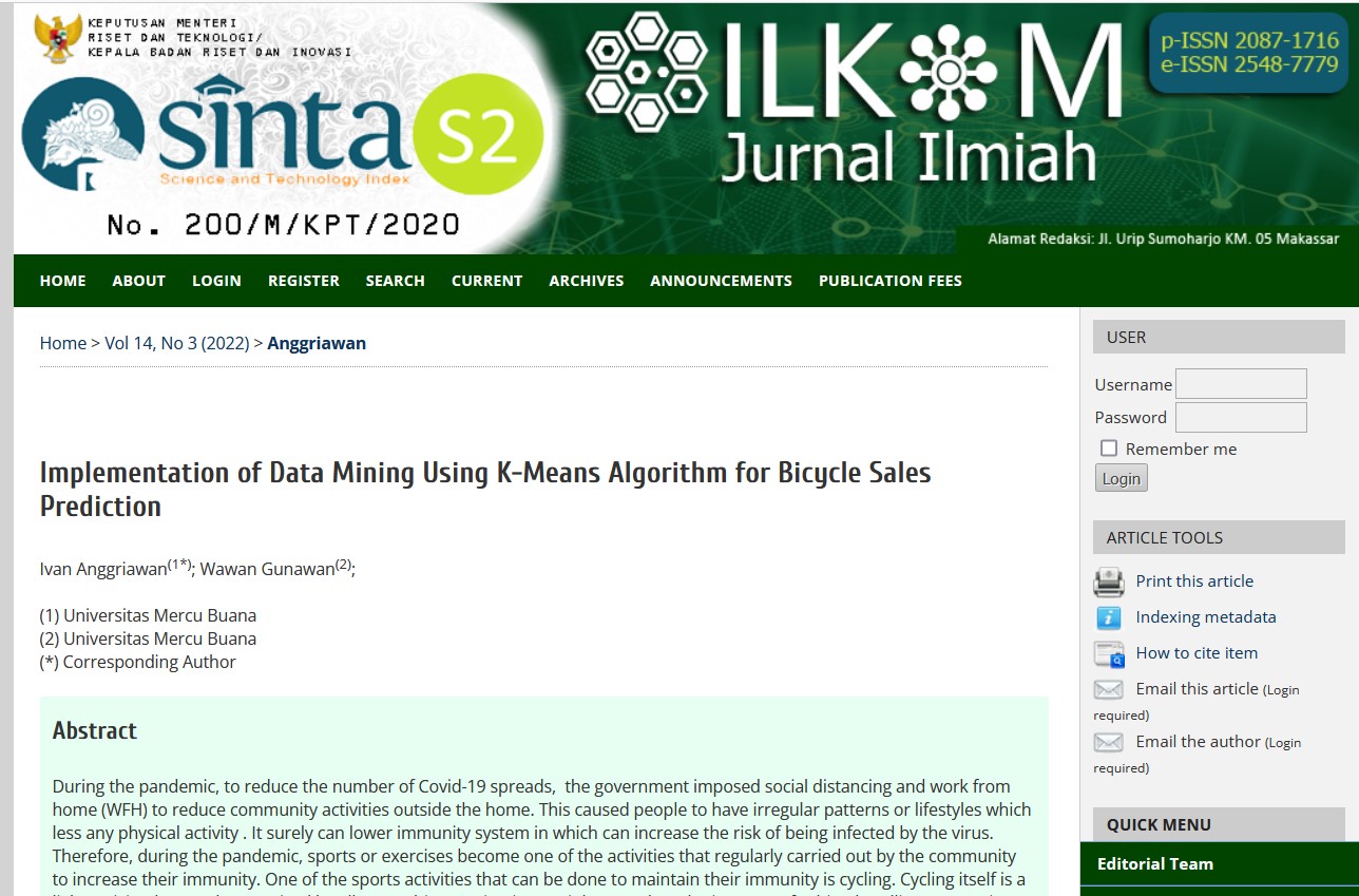 Implementation of Data Mining Using K-Means Algorithm for Bicycle Sales Prediction